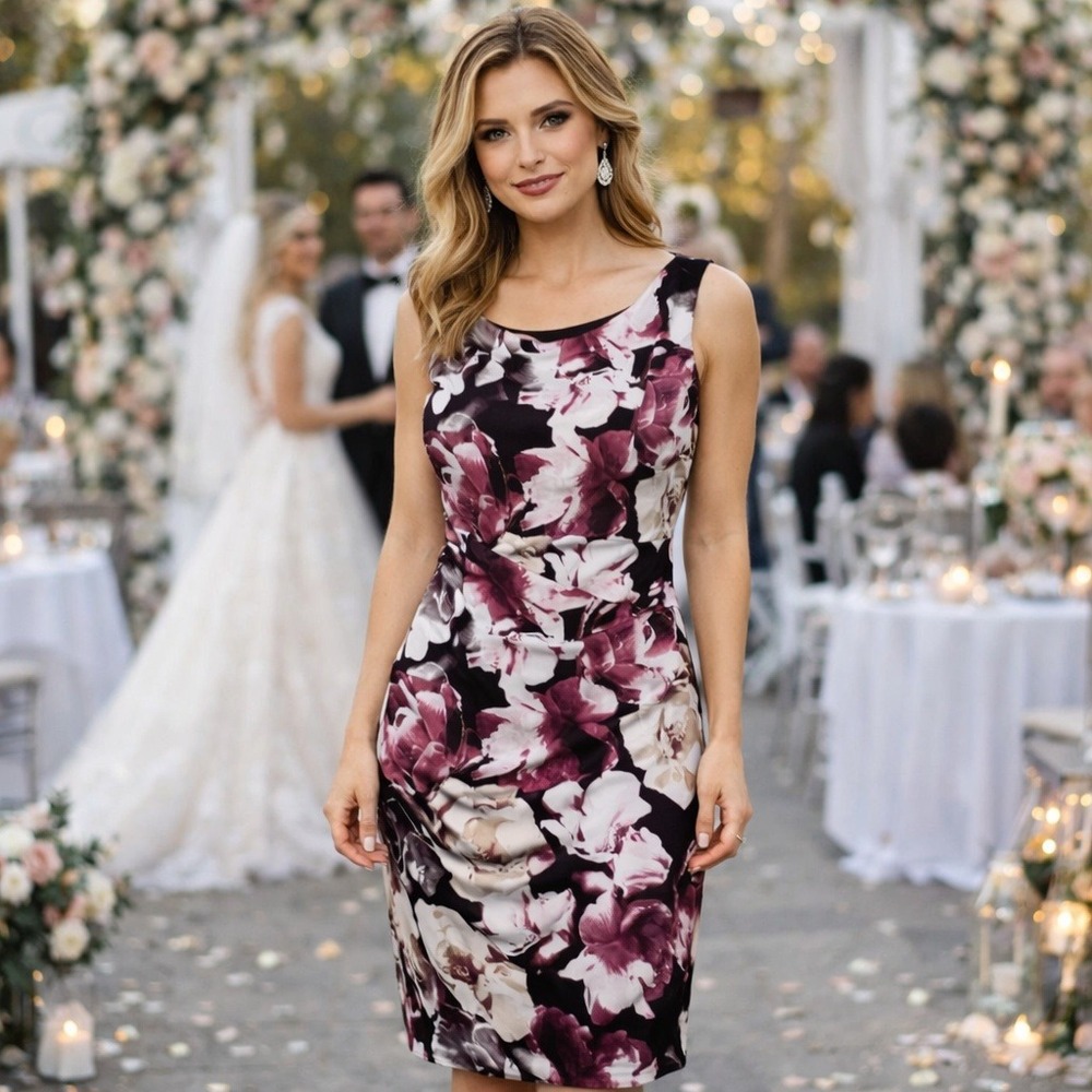 Le Chateau Women's Sz XXL Faux Wrap Sleeveless Dress Black,‎ Pink, White Flowers